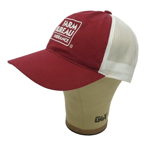 Farm Bureau Insurance Mesh Strapback Logo Cap Trucker Baseball Hat Maroon White - Picture 2 of 12